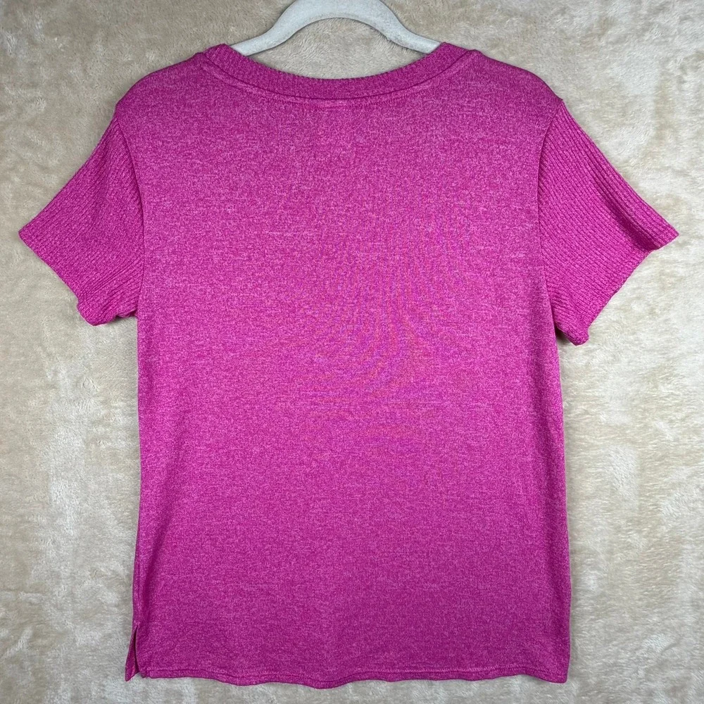 Natori Womens Magenta Pink‎ Heathered V-Neck Short Sleeve Ribbed Top Size M - Picture 2 of 7